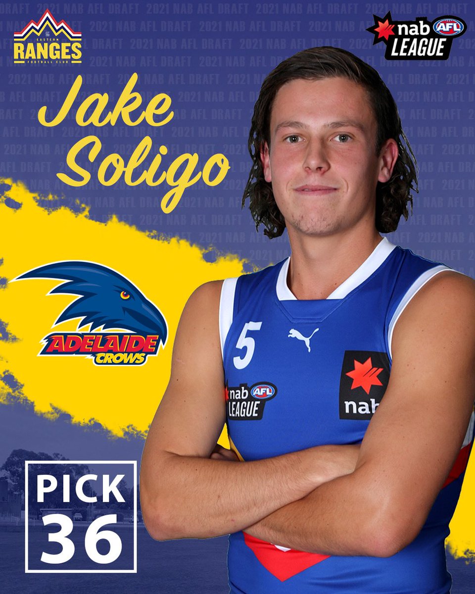 JedLanyon's tweet photo. Jake Soligo is picked up by @adelaide_fc at pick 36.

The Crows have got a good one in the Eastern Ranges reigning Pennington Medalist. https://t.co/yIILJwPBIT