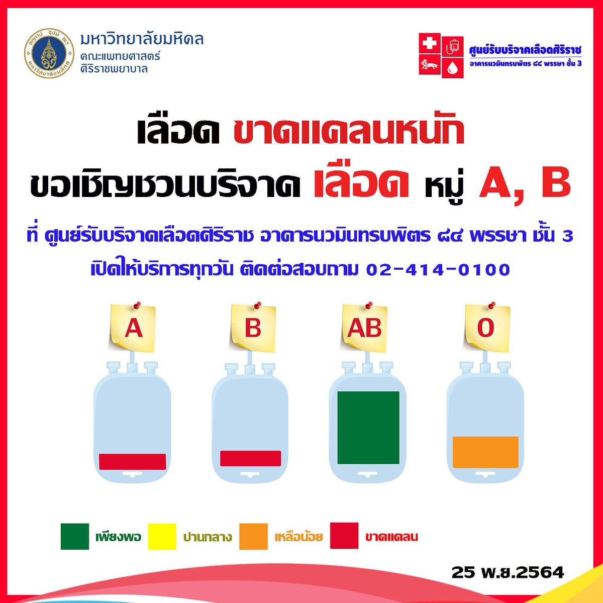 Siriraj_PR's tweet photo. ขอเชิญชวนบริจาคเลือดเพื่อผู้ป่วย เนื่องจากเลือดในคลังขาดแคลน โดยเฉพาะหมู่เลือด A และ B 

สามารถบริจาคเลือดได้ที่ 
----------------------------
ศูนย์รับบริจาคเลือดศิริราช  อาคารนวมินทรบพิตร ๘๔ พรรษา ชั้น 3 
ห้องรับบริจาคเลือด : เปิดทำการทุกวัน 
ตั้งแต่เวลา 08.30 - 16.00 น
#ศิริราช https://t.co/DReNjFM2XT