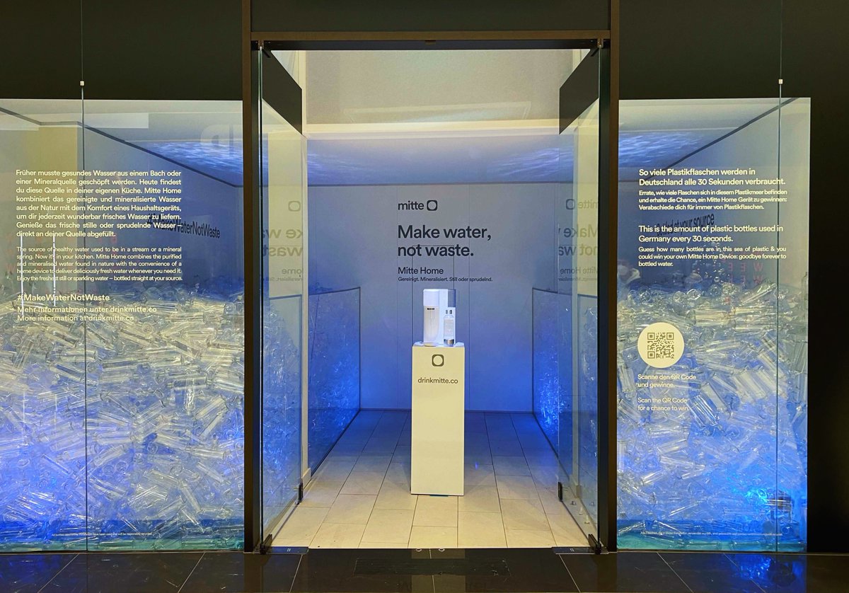 mittewater's tweet photo. 47 million plastic bottles are consumed daily in Germany alone. Hard to visualize the scale? Visit our Plastic Sea Art Installation in the @mallofberlin. Guess how many bottles were used &amp; you could win your own Mitte Home–#MakeWaterNotWaste https://t.co/sL7TugWtpr