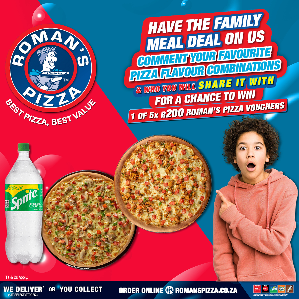 romans_pizza's tweet photo. HAVE THE  FAMILY MEAL DEAL ON US!
Comment your favourite Pizza combinations &amp; who you'd share it with for a Chance to WIN 1 of 5X R200 Roman's Pizza vouchers!🍕 https://t.co/mi8sCS2Rcm