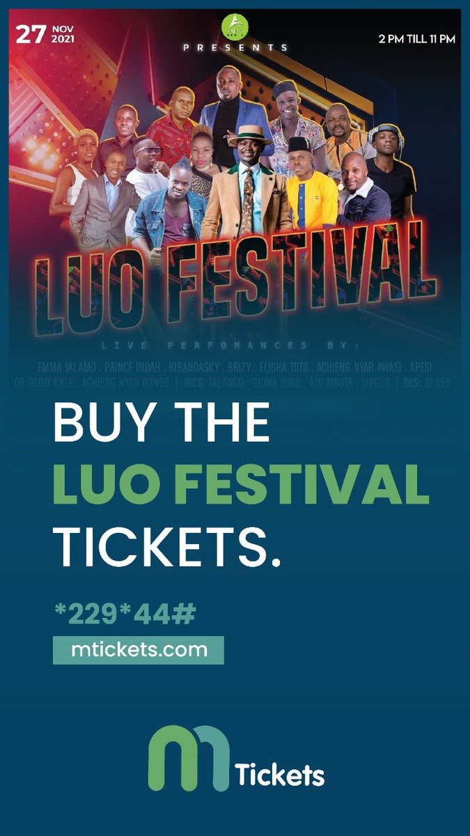 Do you have your tickets yet? Head over to mtickets.com or dial *229*44# and let's meet this Saturday at Ngong Racecourse for the much awaited #LuoFestival 🔥🔥🔥 

<a href="/MticketsEvents_/">MticketsEvents</a> <a href="/ArenaMediaLtd/">ARENA MEDIA</a> <a href="/JalangoMwenyewe/">JALANG'O</a>