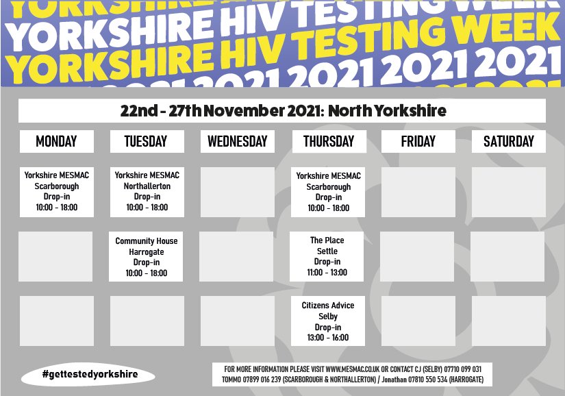 MesmacYNY's tweet photo. We're coming to the end of Yorkshire HIV Testing Week in #York &amp; #NorthYorkshire! 

Did you know that someone who is on effective #HIV treatment can't pass it on? The first step is testing ❤

Find your nearest testing session today: https://t.co/5Kfoy5uCEI

#GetTestedYorkshire https://t.co/ocB6HgQD1K