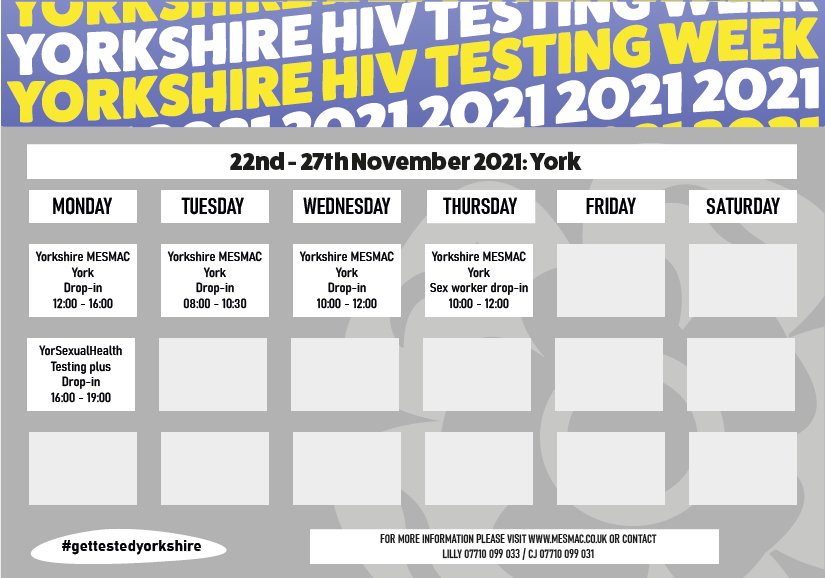 MesmacYNY's tweet photo. We're coming to the end of Yorkshire HIV Testing Week in #York &amp; #NorthYorkshire! 

Did you know that someone who is on effective #HIV treatment can't pass it on? The first step is testing ❤

Find your nearest testing session today: https://t.co/5Kfoy5uCEI

#GetTestedYorkshire https://t.co/ocB6HgQD1K