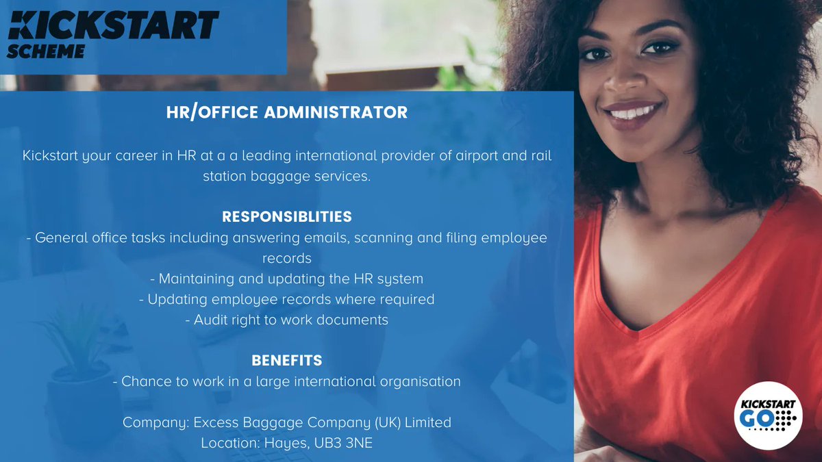 APPLY NOW! 🙌 #Kickstart your career <a href="/ExcessBaggageCo/">Excess Baggage</a> as an #HR/ Office Administrator in #Hayes. 

Full job description ➡️ buff.ly/3fFyWUi

Talk to your Work Coach to apply. Exclusively for 16 - 24 year olds on #UniversalCredit 👍 

@JCPinWestLondon #Londonjobs