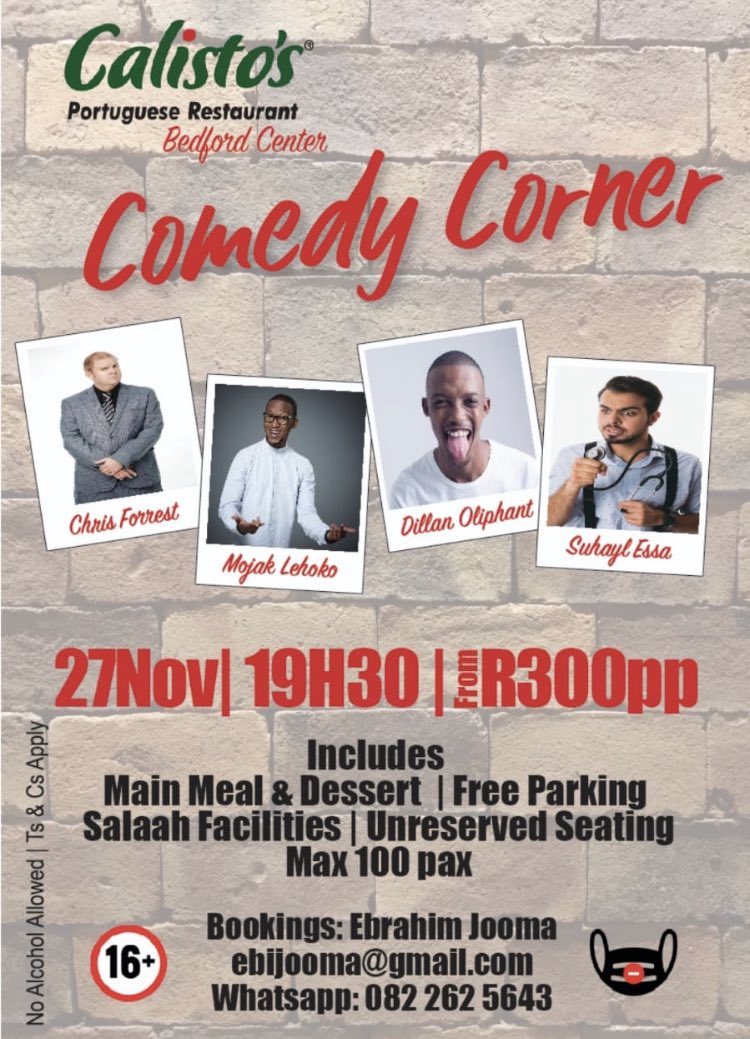 ChrisForrestSA's tweet photo. This Saturday at Calisto’s in the Bedford centre. A night of great food & great comedy! With @dillanoliphant @The_Shwale @mojaklehoko and of course… me! #SAComedy #Comedy #Calistos https://t.co/uL0YqmEpYB