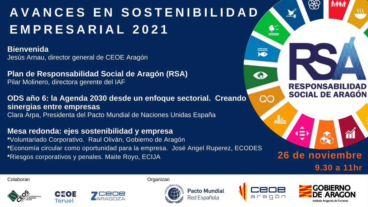 CEOEAragon's tweet photo. Últimas plazas para la jornada sobre #Sostenibilidad empresarial que celebramos mañana 🗓️26/11
#economíacircular #ODS #PlanRSA voluntariado corporativo #CVOL, buen gobierno con @PactoMundial @ecodes @AragonAbierto @IAF_Aragon
@ECIJA
https://t.co/GYNdTdlr6I https://t.co/KNO80GOFzo