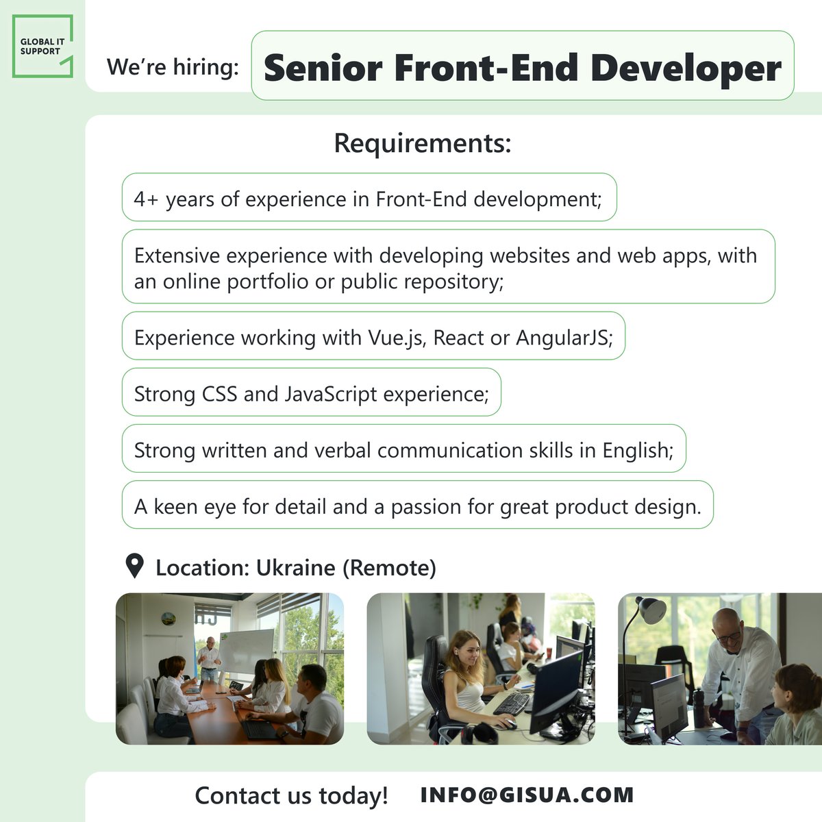 GISUA_Ukraine's tweet photo. We’re looking driven and highly-experienced ❗️Front-End Developer❗️ with extensive experience in Vue.js.
More: https://t.co/L2XhTxdfm8
Join us now!

#gisua #gisua_vacancy #FrontEnd #SeniorFrontEndDeveloper #remotejob #vacancy #ukraine #hiring #global_it_support https://t.co/93TGZfabPM
