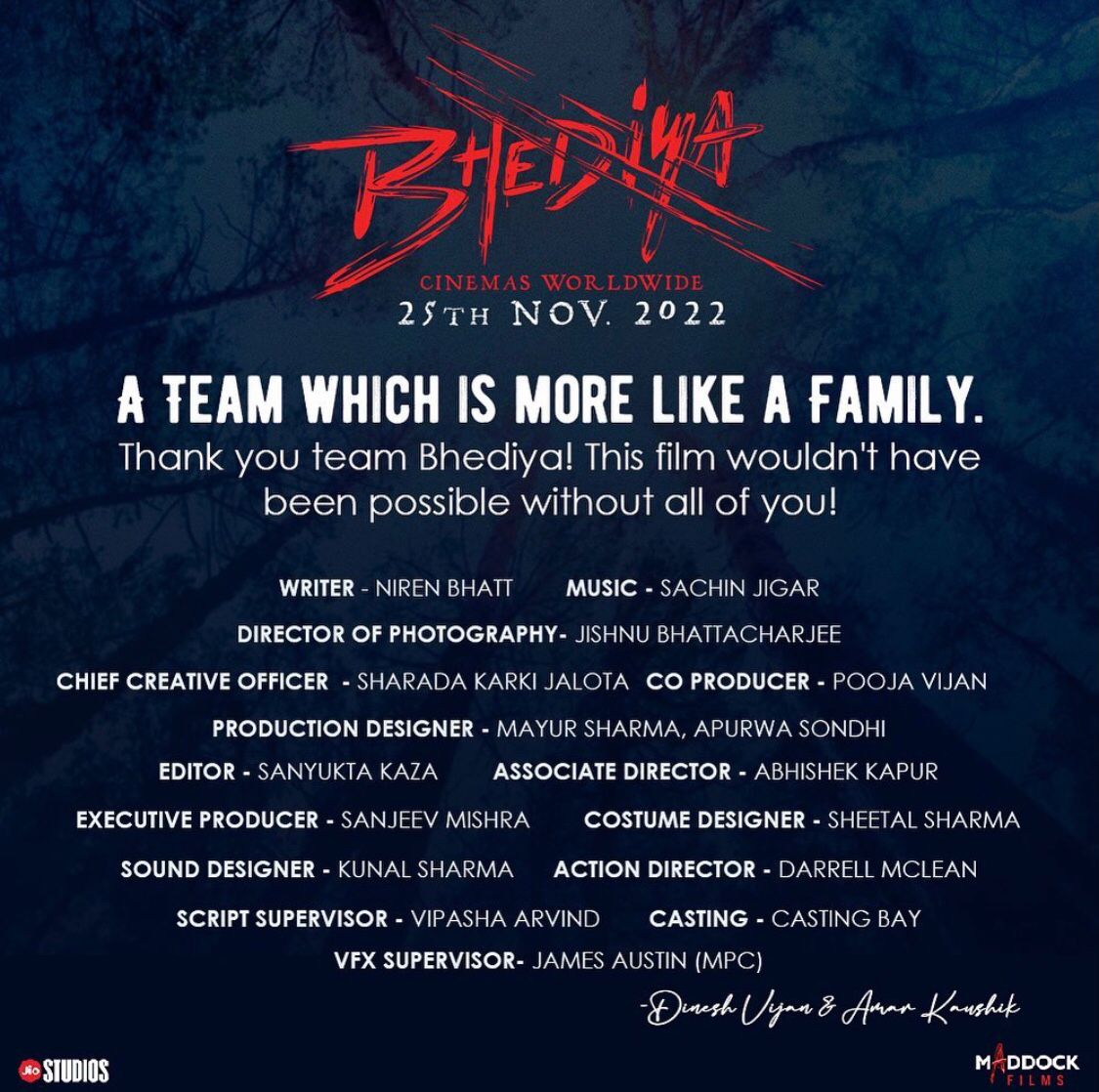 Varun_dvn's tweet photo. #Bhediya is not just a film for all of us. We shot the film during the 2nd wave of coronavirus. It’s something no one has ever attempted before in our industry. November 25 th the wolf will howl thank u 🙏 @MaddockFilms  #AmarKaushik https://t.co/HlB1zl5Vqv https://t.co/4dhxGHzJQC