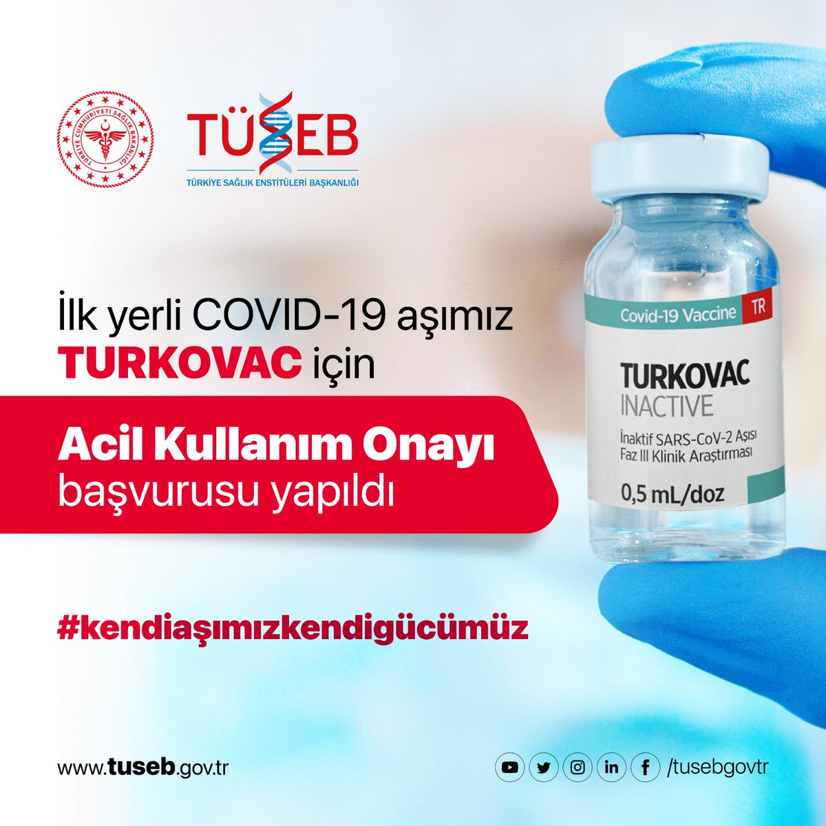 Yerli aşımız #TURKOVAC’ta bir büyük adım daha ‼️

#TÜSEB tarafından desteklenen ilk yerli 🇹🇷 inaktif COVID-19 💉aşımız olan #TURKOVAC için  Acil Kullanım Onayı başvurusu yapıldı.

#kendiaşımızkendigücümüz 🇹🇷