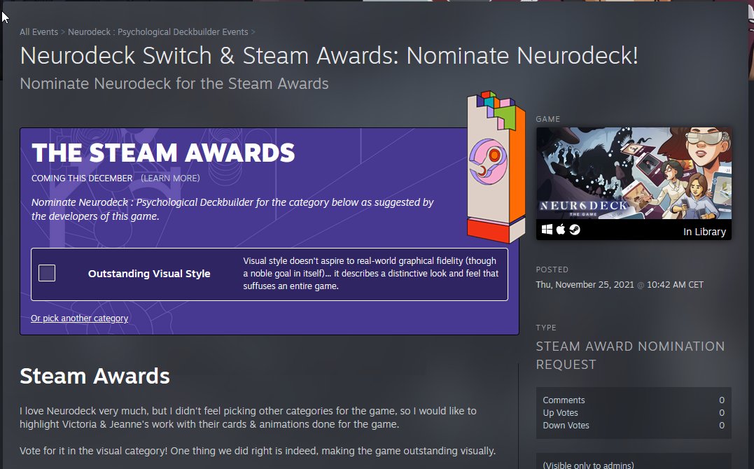 A reminder that Neurodeck is on Switch, and please vote for Neurodeck in the outstanding visual style.
store.steampowered.com/news/app/12538…

Victoria &amp; Jeanne indeed did make the game really special &amp; cool visually :)