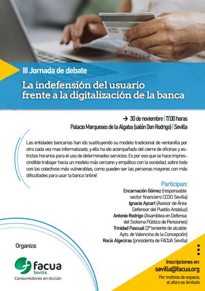 rocioalgeciras's tweet photo. Cierran oficinas, obligan a gestionar en los cajeros o en la banca on line, nos limitan el horario para pagar de recibos... Los consumidores tenemos mucho que decir frente a la digitalización salvaje de la banca y en FACUA Sevilla  queremos oíros. https://t.co/VwUHkLPSw2