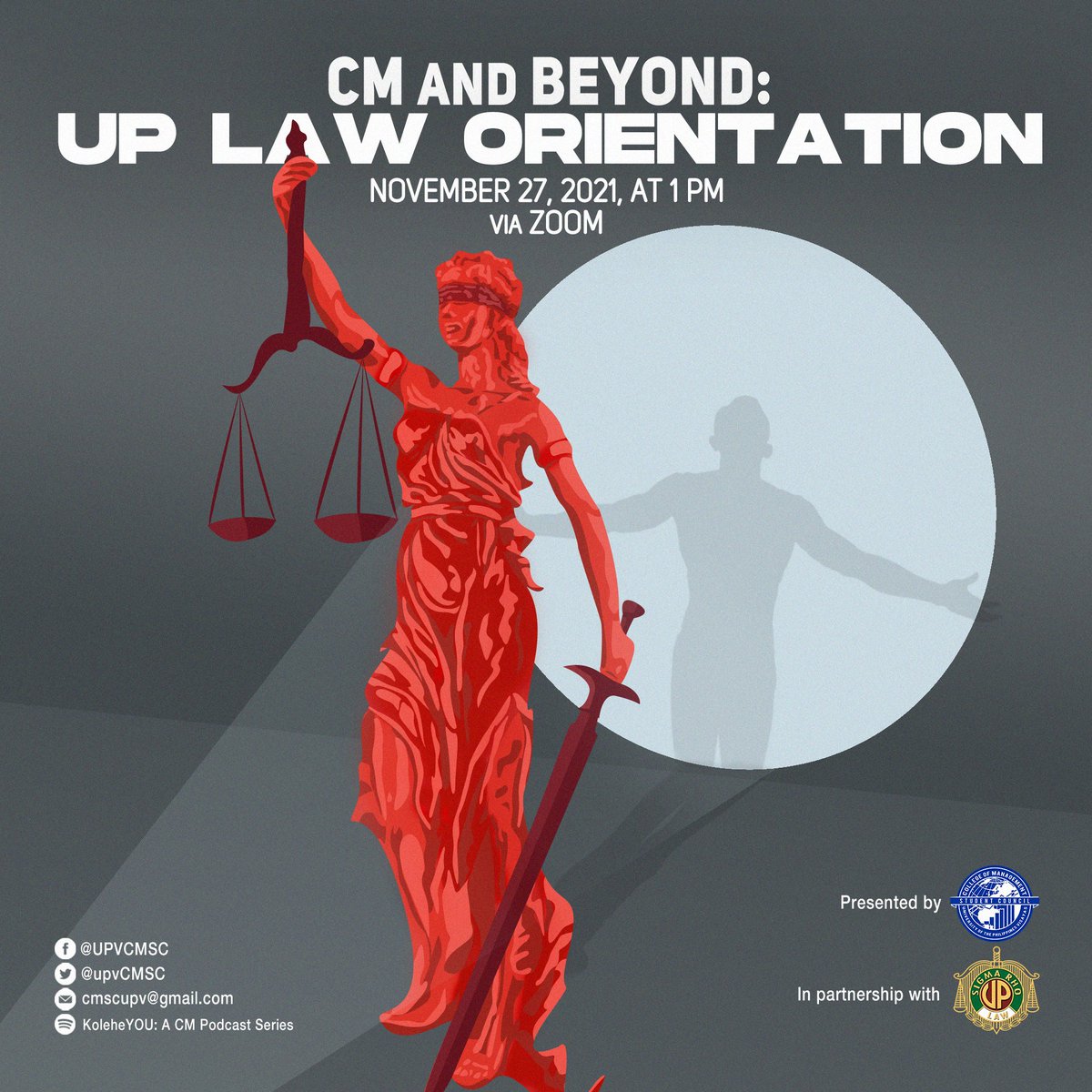 upvCMSC's tweet photo. Calling all aspiring Law students in CM!

UPV CMSC, in partnership with UP SIGMA RHO, invites you to CM and Beyond: UP Law Orientation!

Catch us this Saturday, Bluechips!
Read more here: https://t.co/vLKhvy7Kem

#CMandBeyondUPLawOrientation
#OneBluechips https://t.co/Y7kiW1nqrl