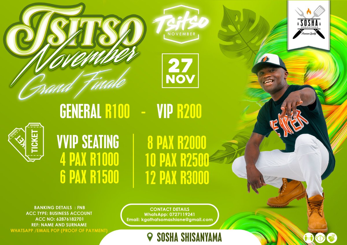 TsitsoNovember's tweet photo. Tickets/Table bookings available now 🎟️ Tsitso November Finale 💃🏾
Contact: 0727119241
#TsitsoNovember https://t.co/3n1iTQ1Aw5