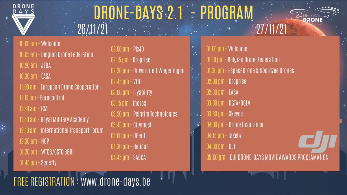 J-1
<a href="/DroneDaysBxl/">Drone Days</a> 
See you Friday from 10:00am and Saturday from 01:00pm to attend #conferences given by #professionals
Don't forget to make your #B2B appointments.
The proclamation of the <a href="/DJIGlobal/">DJI</a>  Movie Awards will take place on Saturday at 05:00pm

Info : info@drone-days.be
