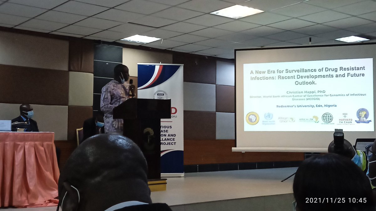 LFounou's tweet photo. Prof @christian_happi from @acegid giving the inaugural lecture at the 1st International Microbiology Day of Microbiology hosted by @SOCAMICRO at Falaise Hotel (25-26 Novembre 2021).
#AMR
#cedbcam
#OneHealth https://t.co/lENnOtXvTr