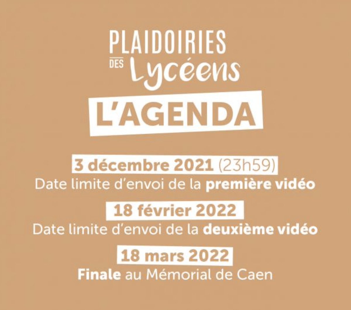 📢 Lycéens, lycéennes !  Vous rêver de défendre un cas de violation des droits humains ? 
Participez à ce concours de plaidoirie organisé par le @CaenMemorial ! 
👉 Fin des inscriptions le vendredi 3 décembre ! 
Inscriptions : bit.ly/Inscription_Pl…
👇👇
memorial-caen.fr/les-evenements…