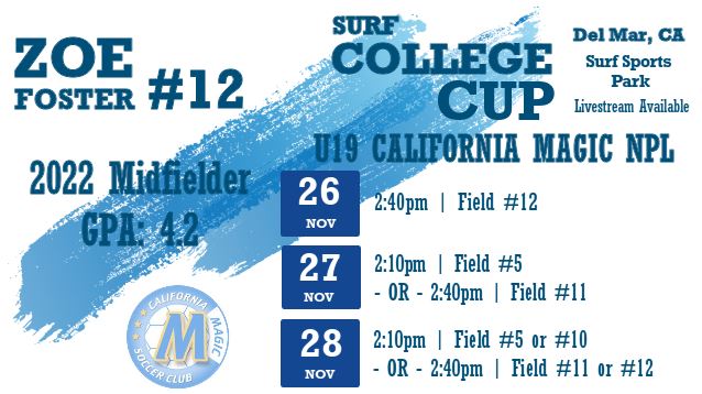 💥Surf College Cup Schedule💥

Wow, my last Surf Cup starts Friday! Looking forward to another memorable one with @calmagic04.
Still looking for my next soccer home. Catch in person or livestream. Go, Magic!
<a href="/calmagicsc/">California Magic SC</a> <a href="/ADGloden/">Anne Gloden</a> <a href="/copastc/">COPA Soccer Training Center</a>