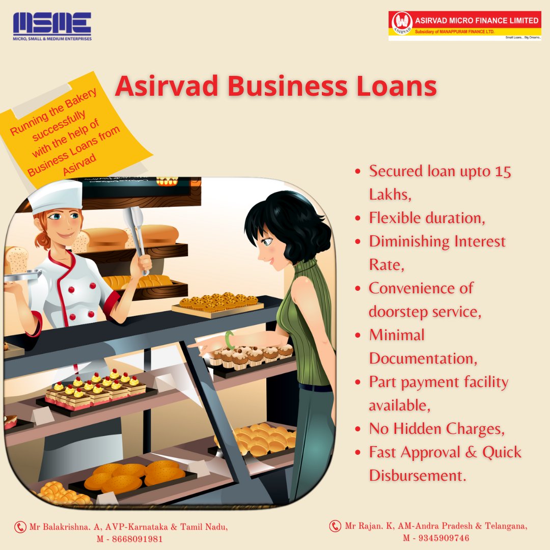 Start your own bakery with the help of Asiravd MSME loans at the lowest interest rate.

#asirvadmicrofinanceltd #asirvad #msmeloan #NBFCs #businessloan #mfin