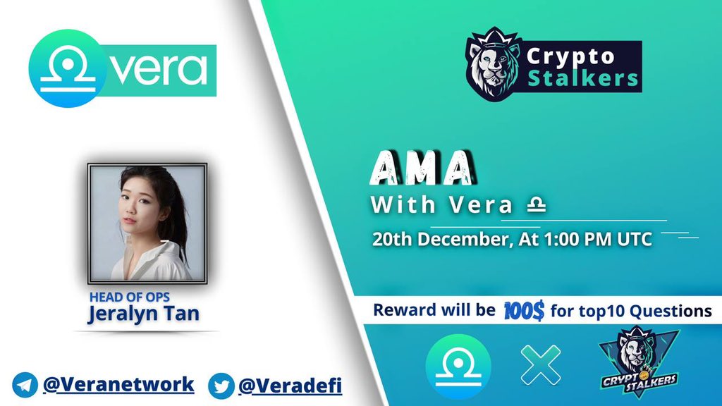 Zain_Onchain's tweet photo. 📢 We're thrilled to announce our next #AMA with @veradefi on 20th Dec at 1:00 PM UTC

💰 Reward Pool: 100$
📍 Venue: https://t.co/4koyOUE3q5
〽️ Rules:
✅ Follow @StalkersCrypto &amp; @veradefi 
✅ Like &amp; Retweet
✅ Comment Questions &amp; Tag 3 Friends with BEP20 address https://t.co/vs2DiCsOXu
