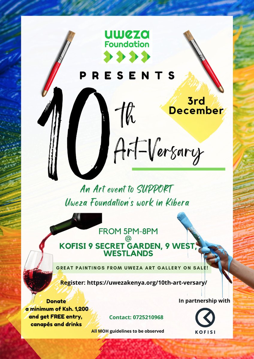 We are counting it down to the #Uweza10thArtVersary celebrations. Have you registered to attend? 9 days left! Come and enjoy an evening of art as you treat your eyes to a beautiful sunset and great views of Nairobi's skyline. Register here: uwezakenya.org/10th-art-versa…