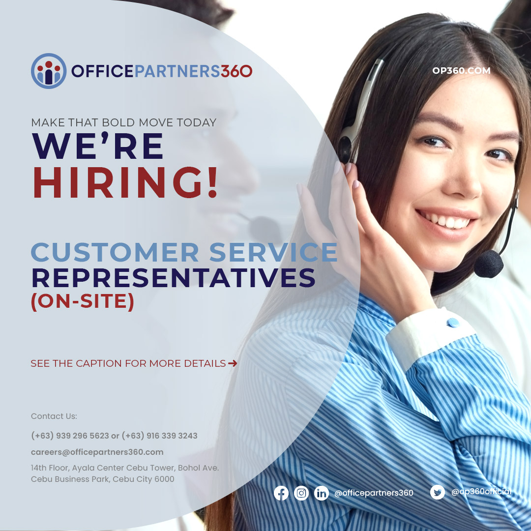 op360official's tweet photo. Be part of the #OP360 team as an On-site Customer Service Representative and have the opportunity to work with the biggest brands.
https://t.co/pJBZIsr9bp
.
.
.
#CareersAtOP360 #BPOPhilippines #BPO #BPOJobs #BPOCareers #Cebu #cebuBPO #CallCenter #callcenterjobs #CSR https://t.co/FNfS4f56qS