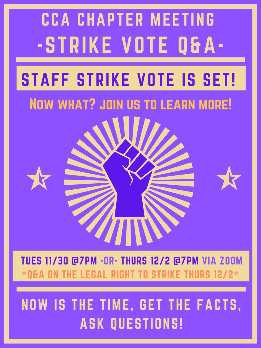 sfoakunite's tweet photo. ANNOUNCING @CACollegeofArts STAFF UNION STRIKE VOTE DATES!
- TUESDAY, 12/7 & WEDNESDAY, 12/8 -
VOTING WILL TAKE PLACE IN PERSON IN SF & OAKLAND FROM 12P-3P
Join us Nov. 30th or Dec. 2nd via Zoom @7pm to learn more! #CCAUnion #Strike #StrikeVote https://t.co/c2KnMC8zIC