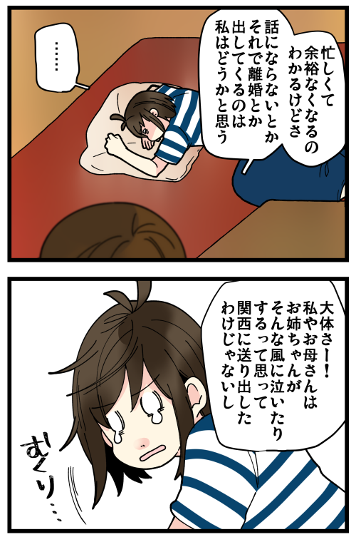 はらすさんの友達問題がきっかけで夫婦喧嘩に発展した話、その19です。
妹1が優しくて～～😭😭😭
実家に帰る前からギスギス時期に何度も電話して話聞いてもらってて、そのたびに泣いてたから妹1も「もういいよ、実家に戻りなよ」って余計に思ってくれたんだと思います…心配かけた…ごめん… 