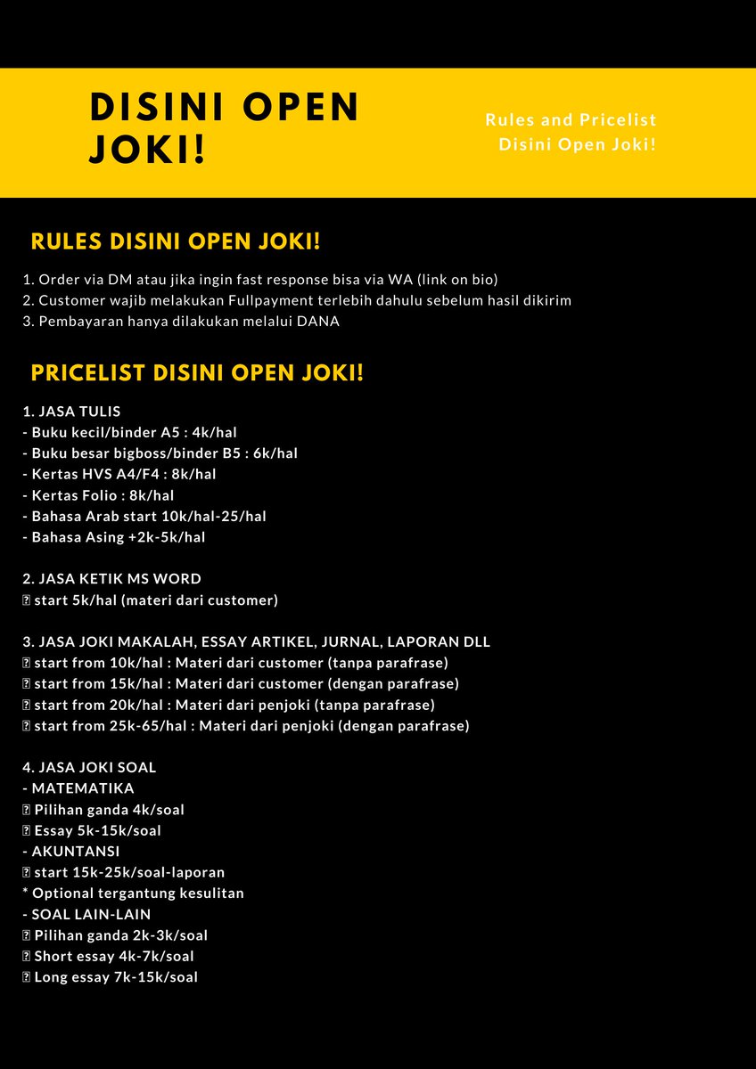 disiniopenjoki's tweet image. Welcome to #JokiTugasDisini!^^

° Rules &amp;amp; Pricelist Joki Tugas Disini!