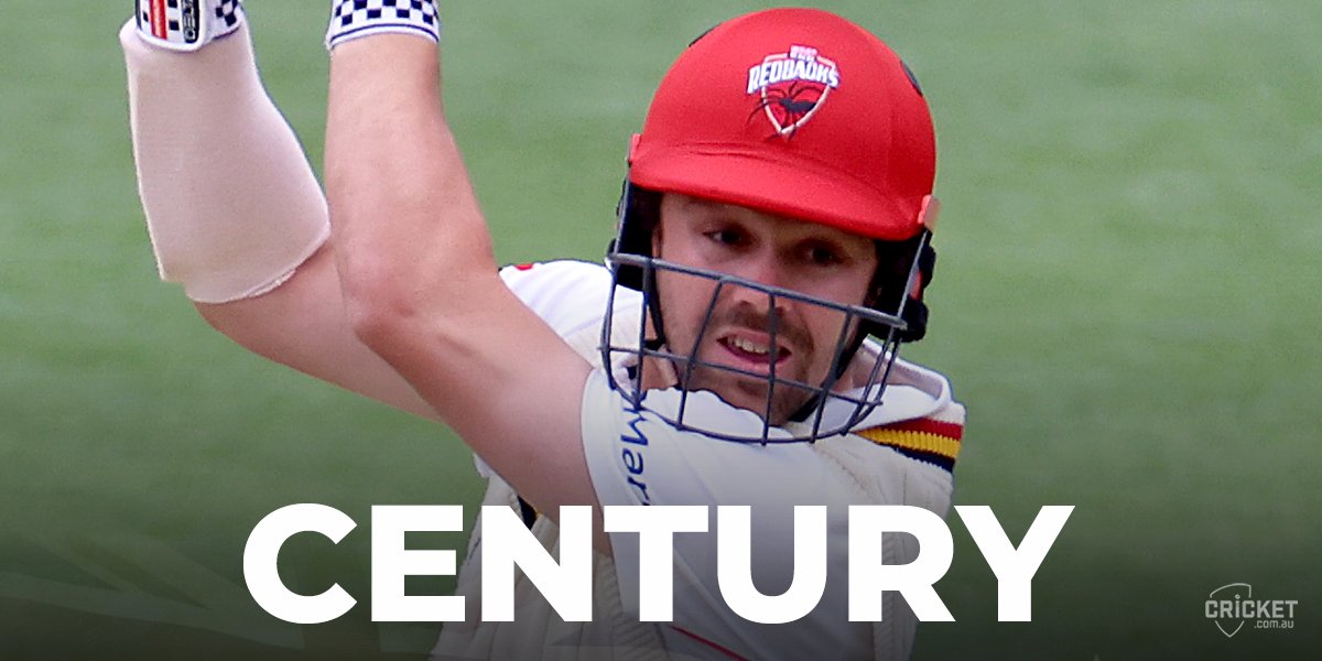 cricketcomau's tweet photo. How's that for a statement? Travis Head reaches three figures for the second time this #SheffieldShield season! https://t.co/zYCFzfMqyu