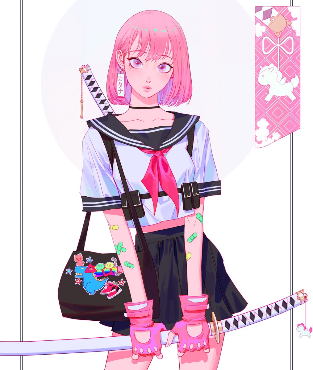 wonbin_lee_'s tweet image. katana girl - セーラー服 
rough drawing &amp;amp; finished work