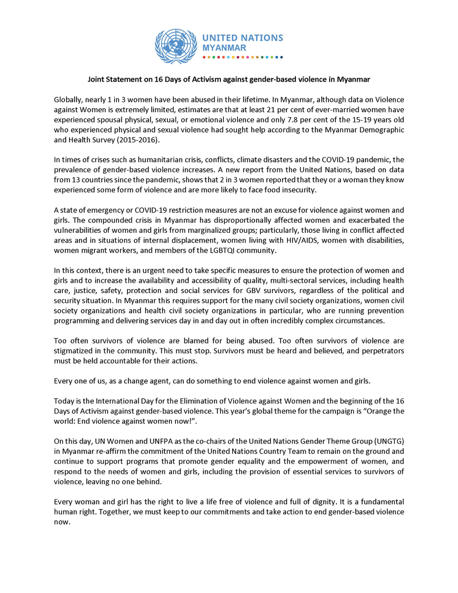 UNinMyanmar's tweet photo. On this International Day to End Violence Against Women, we re-affirm our commitment to continue supporting programs that promote gender equality &amp; empowerment of women in Myanmar, including provision of essential services to survivors of violence. #16Days
https://t.co/5BKwJJ6sLs https://t.co/csljAaaQ8F