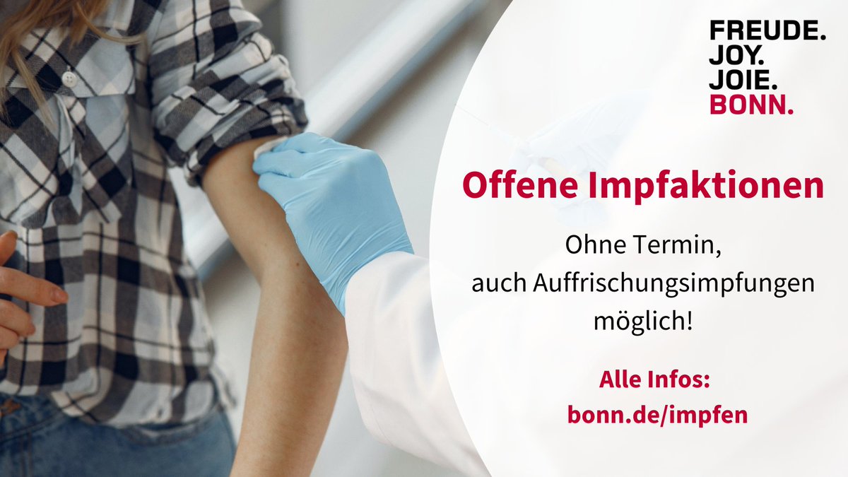 Die Öffnungszeiten der Corona-Impfstelle im Stadthaus (Passage Richtung Weiherstraße) wurden erweitert! Ab sofort:

▪️montags, mittwochs, freitags: 8 bis 18 Uhr
▪️dienstags und donnerstags: 8 bis 20 Uhr

Zur Pressemeldung: bonn.de/pressemitteilu…