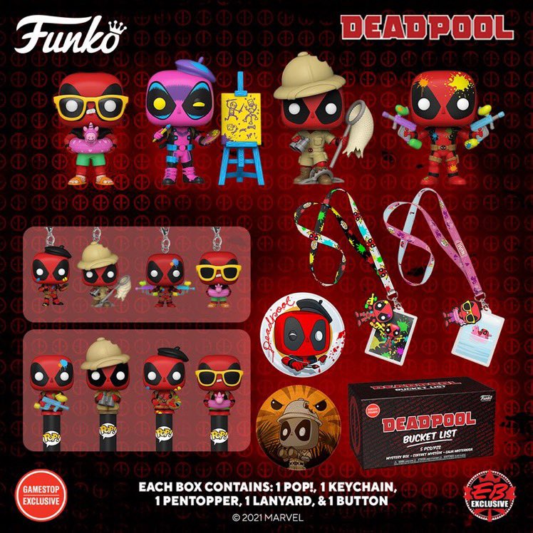 FunkoPopHunters's tweet photo. Coming soon: Pop! Marvel – Deadpool (GameStop Exclusive Box). Each GS box comes with one Pop!, Keychain, Pentopper, Lanyard and Button. 

https://t.co/D8otWPYsQh https://t.co/PdWzJm8QvT