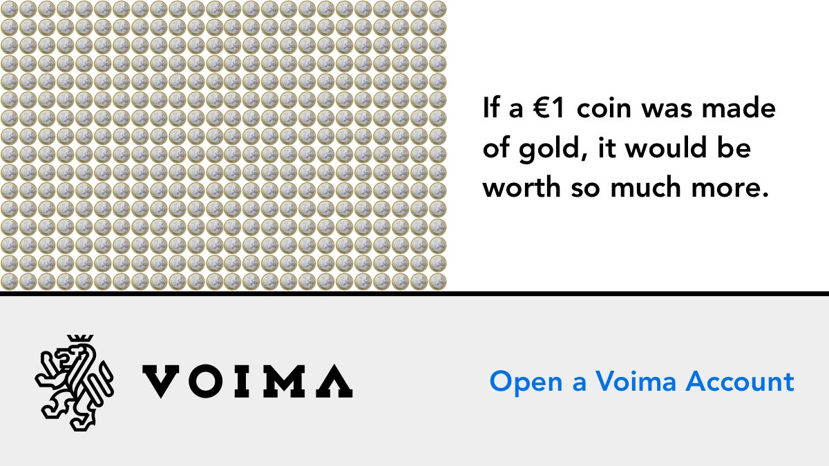 VoimaGold's tweet photo. A €1 coin weighs 7,5 grams. 

Can you guess how much 7,5 grams of gold is worth?

Hint: start counting. 😉

#getsomegold https://t.co/ocfv1ZAV56