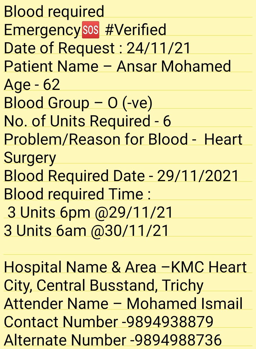Parangusam's tweet photo. Blood requirement: #verified
My classmate father having heart surgery on 29/11/2021.
Pls share 🙏 @Rama_Chandran_K @vinothpaper @bharath_kiddo @Its_Senthil @iam_DrAjju https://t.co/AeK08zXXpC