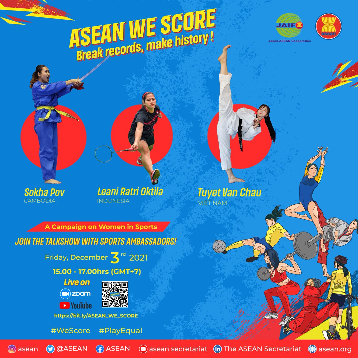 ASEAN's tweet photo. Sneak a quick glance into who’s coming: A two-hour talk show of empowering stories from 10 inspiring women from #ASEAN to challenge gender stereotypes surrounding women in sports.
Coming soon on https://t.co/Da30LCDp2q
Break records, make history. #WeScore #PlayEqual https://t.co/FYo4xT8MhZ