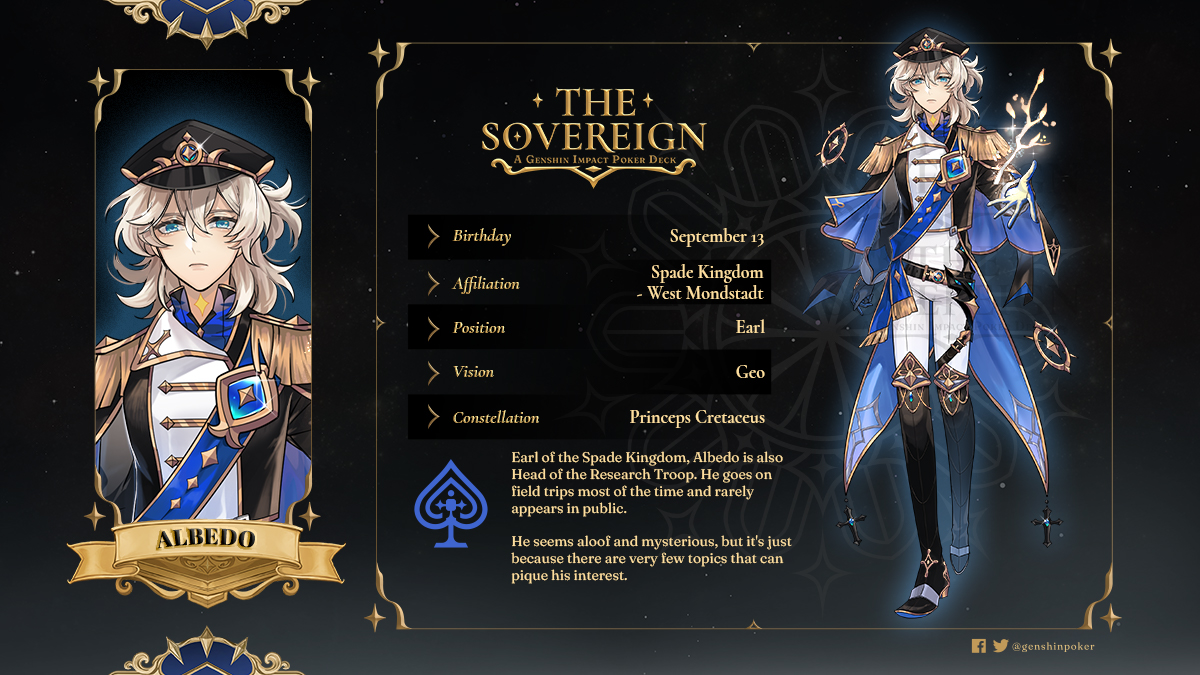 _SovereignTeam's tweet image. ♠ ACE CARD: Albedo ♠

Earl of the Spade Kingdom, Albedo is also Head of the Research Troop. He often goes on field trips and rarely appears in public.
He seems aloof and mysterious, but it's because there are few topics that can pique his interest.
#Albedo  #GenshinImpact #原神