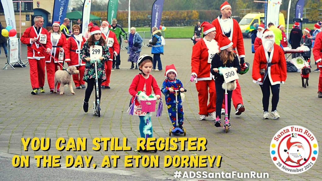 ADSlocalsupport's tweet photo. Have you missed the online registrations for the Best Santa Fun Run in Town? No worries, just come this Sunday to Eton Dorney Lake from 10:30 and register on the spot! The race starts at 11:45.
#AlzheimersDementiaSupport #10YearsofADS #ADSSantaFunRun #SantaFunRun https://t.co/OC8W8npywe