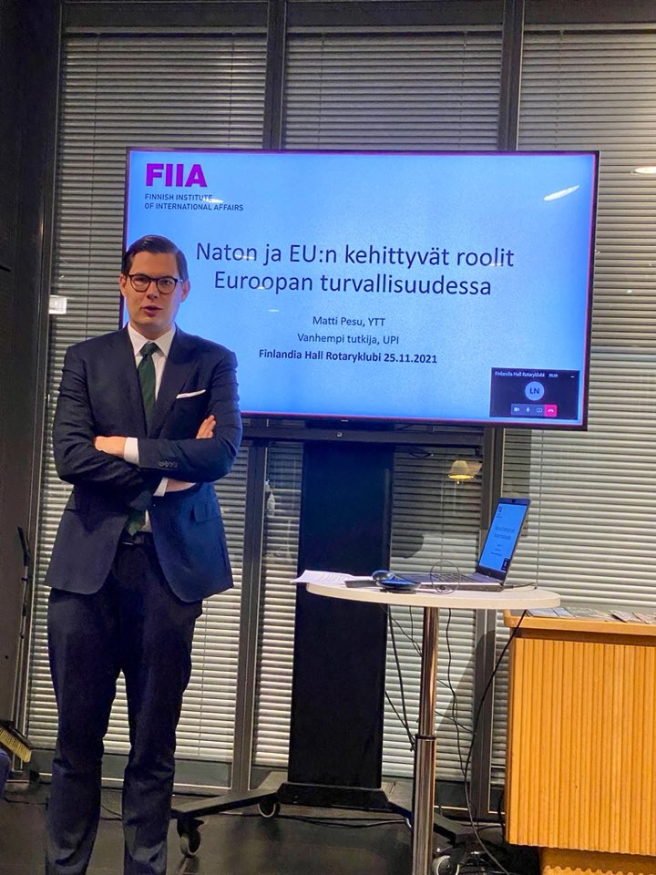 Rotary_FH's tweet photo. Kiitos @PesuMatti @FIIA_fi todella mielenkiintoisesta esityksestä! Saimme kuulla näkökulmia NATOsta ja EU:n turvallisuusasioista. #rotaryfinland #rotarit https://t.co/4YoAAHTuFR
