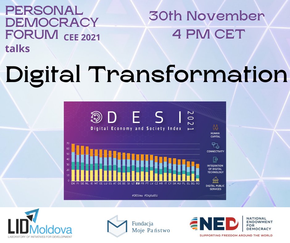 🇪🇺🗓📢 In just few days, as part of PDF CEE Talks, with a group of fantastic guests, we will talk about the latest DESI 2021 ranking. Does reality reflect the results of DESI reports? 
<a href="/DigitalEU/">Digital EU 🇪🇺</a>
<a href="/epforgpl/">Fundacja ePaństwo</a> 
<a href="/LIDMoldovaTDT/">Laboratory of Initiatives for Development (LID)</a>