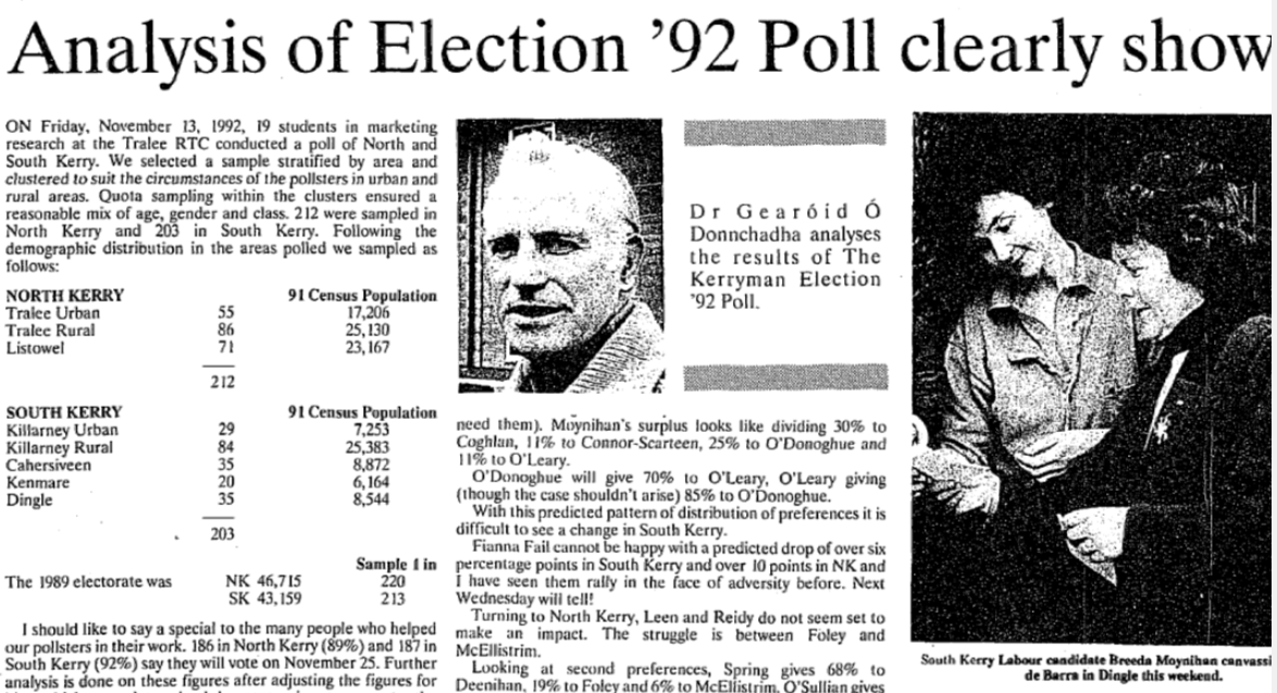 KerryPolsDates's tweet photo. Analysis of the Kerryman poll came from Dr/Fr Gearóid Ó Donnchadha, a renowned statistician whose father, Donal O'Donoghue was a Fianna Fáil TD for Kerry South in the 1940s #polls #election92 https://t.co/2e6cQ24ZP1