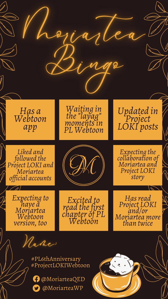 MoriarteaWP's tweet photo. 6th Anniversary na natin! Umabot pa tayo, paano kayo? Chos!
6pm na! Handa na ba ang iyong webtoon?
Halika't sumali at sagutan ang ating Morieartea Bingo! ❤

Ilahad ang iyong pangalan at idagdag ang hashtag na #PL6thAnniversary at #ProjectLOKIWebtoon. 

Happy 6th Anniversary! 🥳 https://t.co/hdA1vGkM2j
