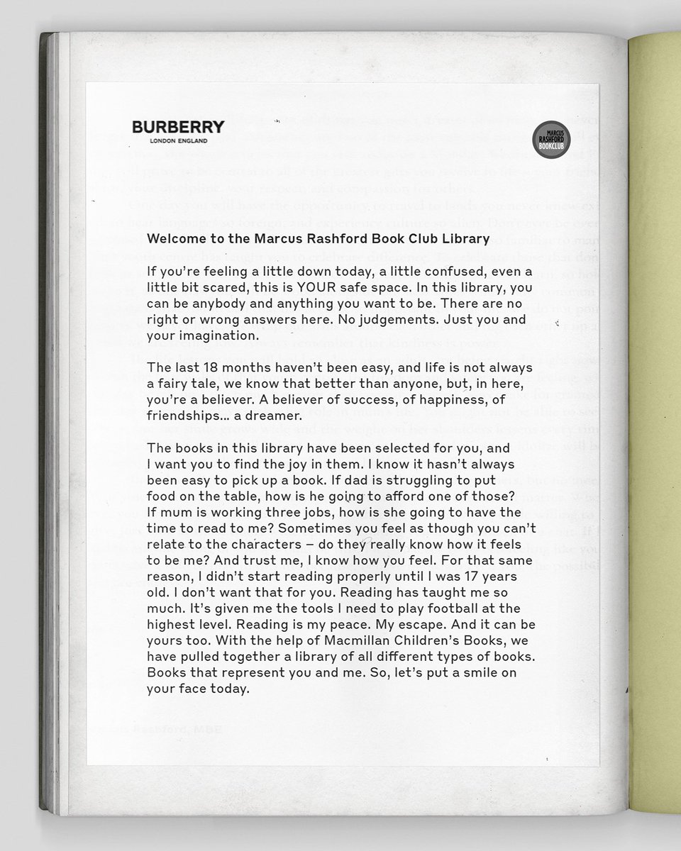 MarcusRashford's tweet photo. I am proud to announce our new @Burberry global initiative to help children in underserved communities unlock the power of their imagination through access to literacy. 📚

@MacmillanKidsUK @Literacy_Trust 
#BurberryVoices #marcusrashfordbookclub https://t.co/pD6U2UNeB8