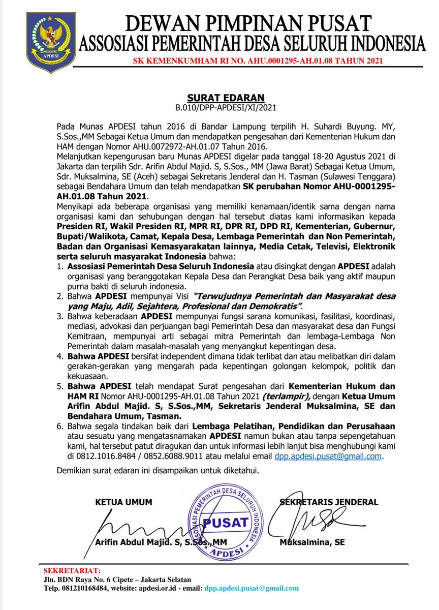 dpp_apdesi's tweet photo. Selamat sore...salam sehat
Surat Edaran bahwa organisasi APDESI telah berbadan hukum dengan Ketua Umum Arifin Abdul Majid. S, S.Sos.,MM - Sekretaris Jenderal, Muksalmina, SE dan Bendahara Umum, H. Tasman. https://t.co/hvHST92RSt