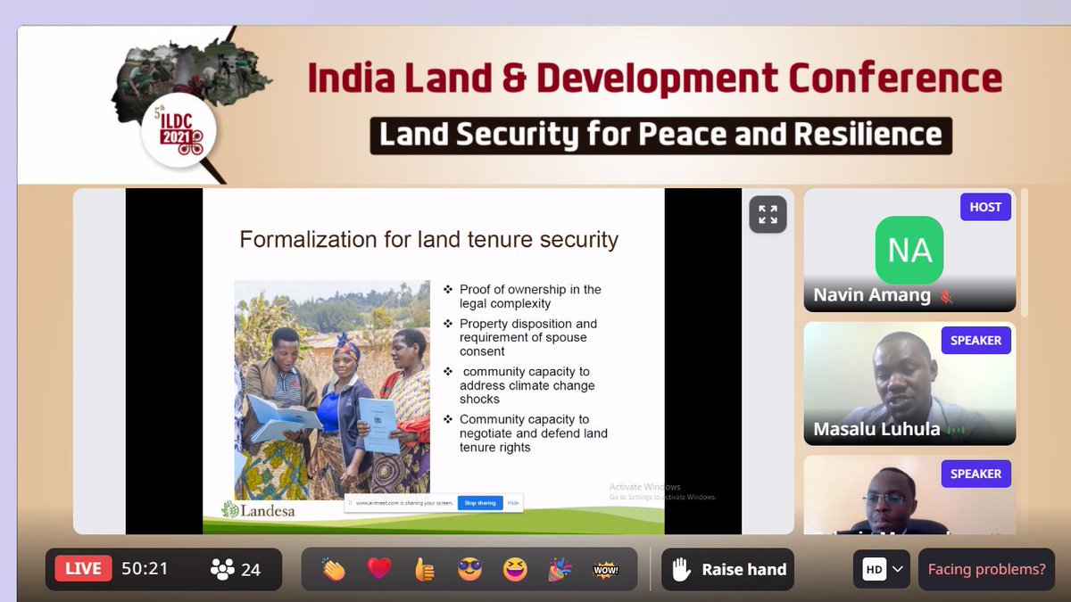 IndiaLandConf's tweet photo. Communities with secured #landrights are better resilient to climate change shocks - Masalu Luhula, Land Tenure Sepaciality, @Landesa_Global at #ILDC2021 #Africa Day 
@Center4Land https://t.co/O568i5LPAB