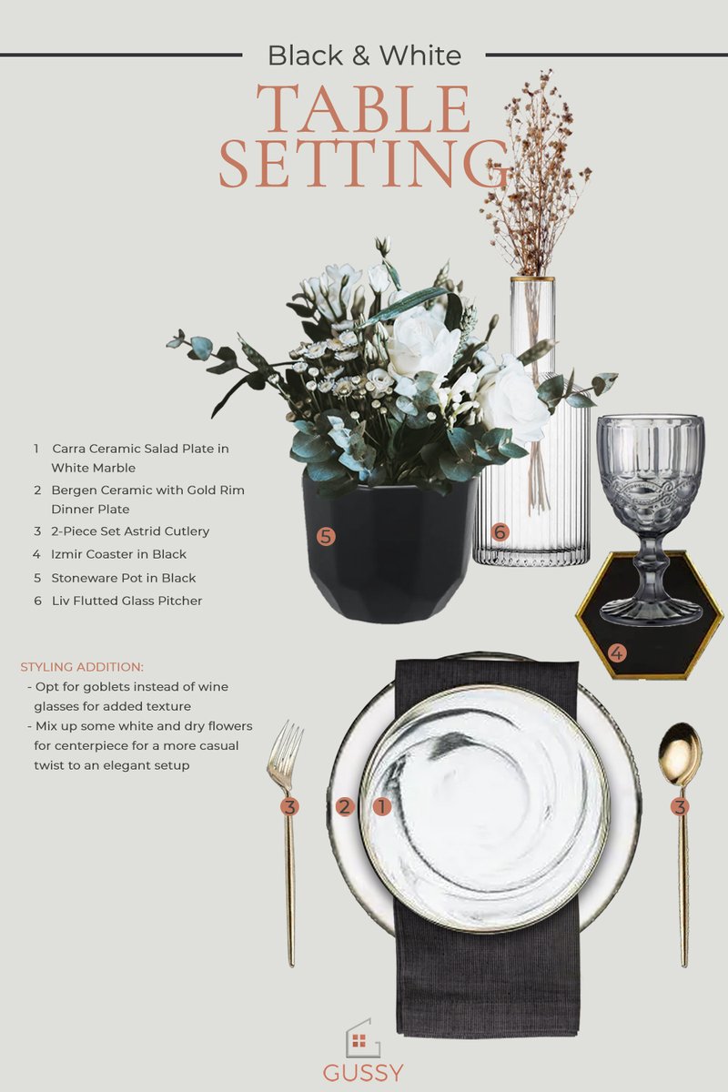 gussydesign's tweet photo. There’s nothing like a classic black &amp; white setup! Enjoy wine (and dine) nights in a fashionable way. There’s no need to get all formal- have fun mixing and matching your florals or bring out your favorite goblets! #GussyUp #GussyDesign #eDesign https://t.co/C3lcKlbav2
