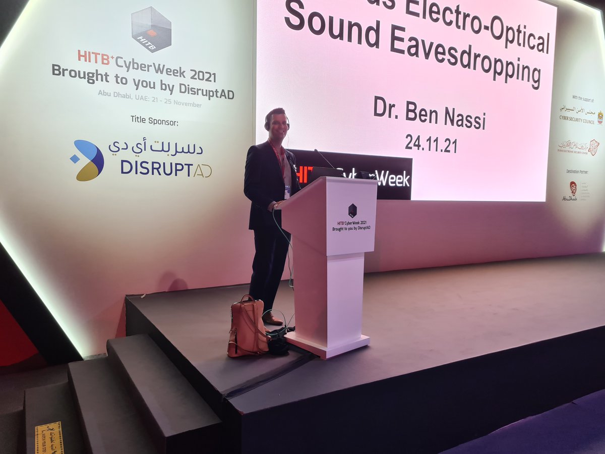 ben_nassi's tweet photo. "Towards Electro Optical Sound Eavesdropping" at @HITBSecConf CyberWeek 21 in ADNEC, Abu-Dhabi.
First time at @HITBSecConf conference.
First time I give a talk in a silence conference.
#hitbcyberweek #privacy #infosec #converting_light_to_speech #Lamphone #Glowworm_Attack https://t.co/AI1UDDmJv5