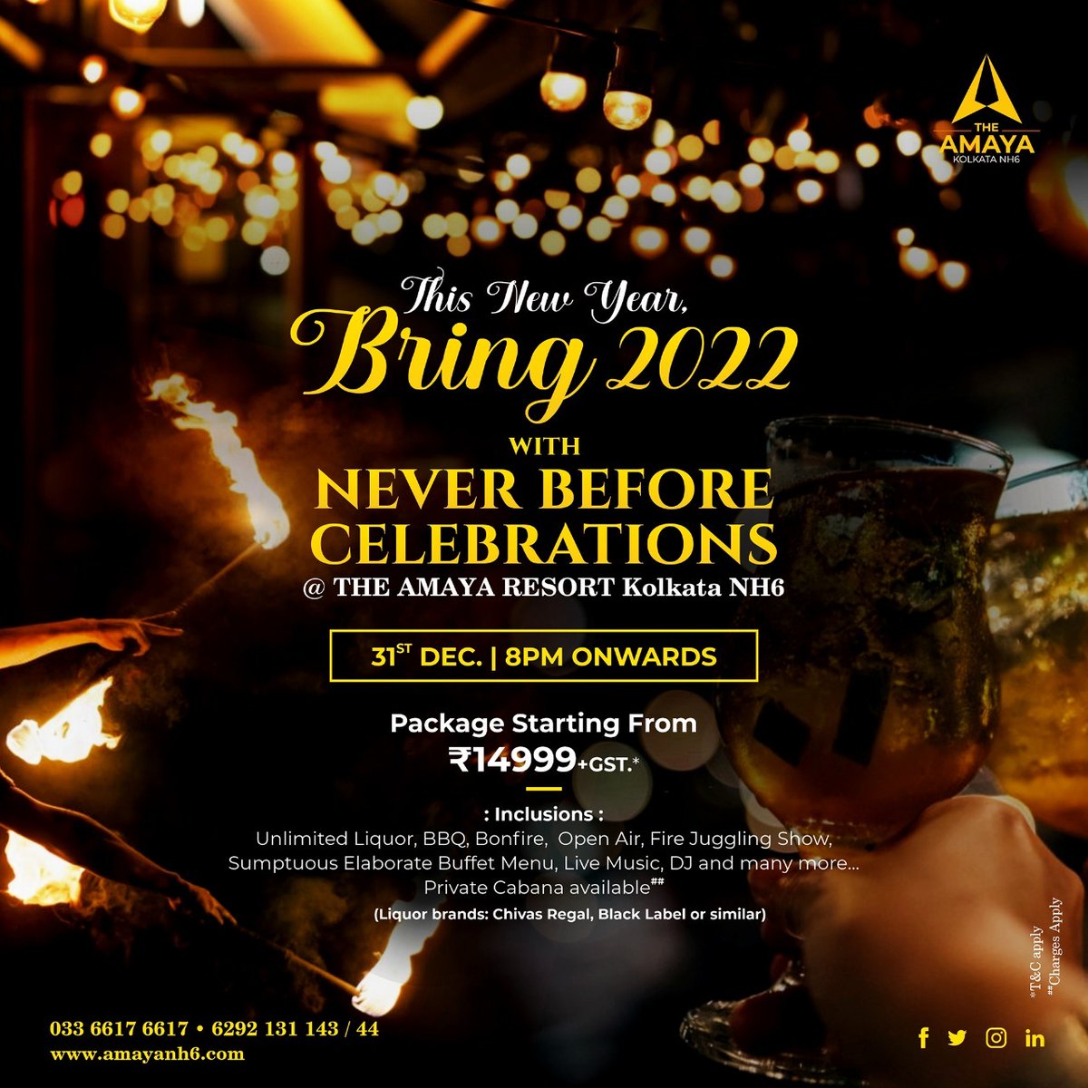 AmayaResort's tweet photo. This New Year The Amaya brings Grand Celebrations 🥳🎉at Open Air with BBQ 🍢, Bonfire 🔥, Live Music 🎤, DJ 🎧🎼, Unlimited Food and Beverage 🥃🍾, Fire Juggling and many more… 

Book now T&amp;C Apply

To explore the wonderland of Amaya, 
Please visit - https://t.co/rO5JG0t6b8 https://t.co/fF5imCAAq4