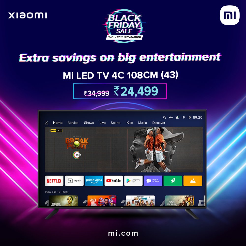 XiaomiTVIndia's tweet photo. #BlackFridaySale is on!

You can now bring captivating visuals, enhanced audio experience, and intuitive applications to life with the Mi LED TV 4C 43.
 
Get yours now at just ₹24,499!

Head here: https://t.co/rdT1zL7r1J https://t.co/pti3omGFc0