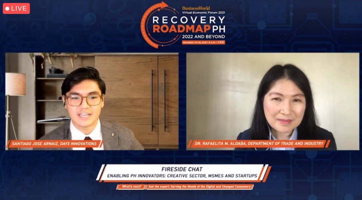 [FIRESIDE CHAT] Dr. Rafaelita M. Aldaba, undersecretary for the Competitiveness and Innovation Group of <a href="/DtiPhilippines/">DTI Philippines</a>, talks to Day3 Innovations COO <a href="/TiagoArnaiz/">Santiago Arnaiz</a> on "Enabling PH Innovators: Creative Sector, MSMEs and Startups" | #BWVEF2021 #RecoveryRoadmapPH